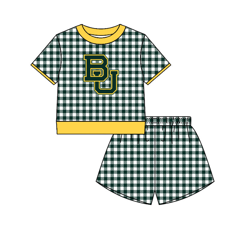 (Custom Design Preorder MOQ 5) Teams Baylor bears Top Green Checkerd Shorts Mommy and Me Summer Yoga Clothes Set