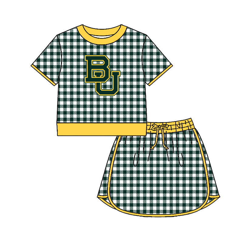 (Custom Design Preorder MOQ 5) Teams Baylor bears Top Green Checkerd Skort Girls Summer Yoga Clothes Set