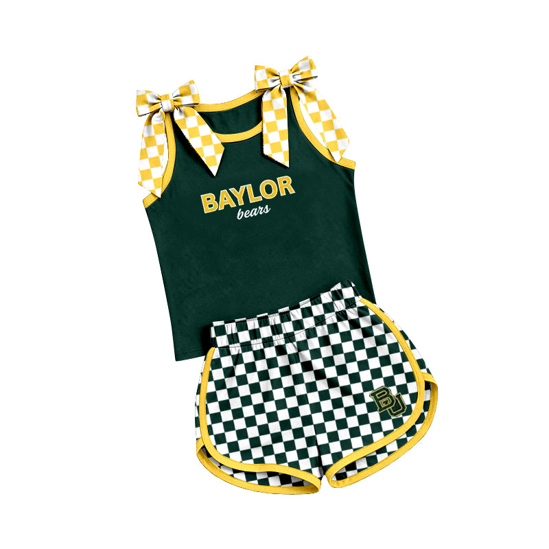 (Custom Design Preorder MOQ 5) Teams Baylor Bears Bows Vest Top Checkerd Shorts Mommy and Me Summer Yoga Clothes Set