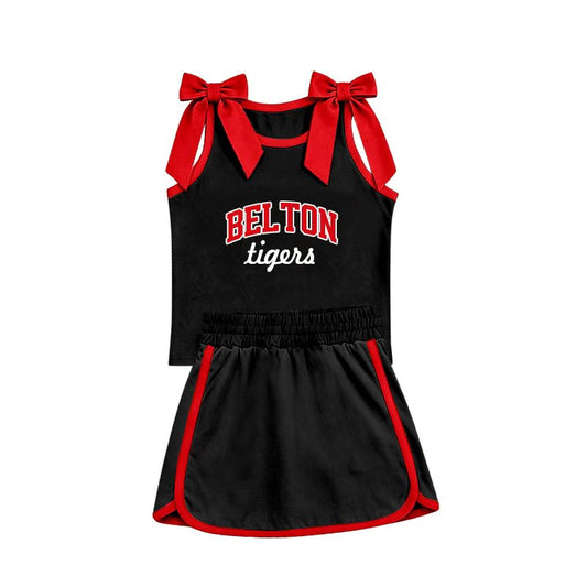 (Custom Design Preorder MOQ 5) Teams Belton Tigers Bows Top Black Skort Girls Summer Clothes Set