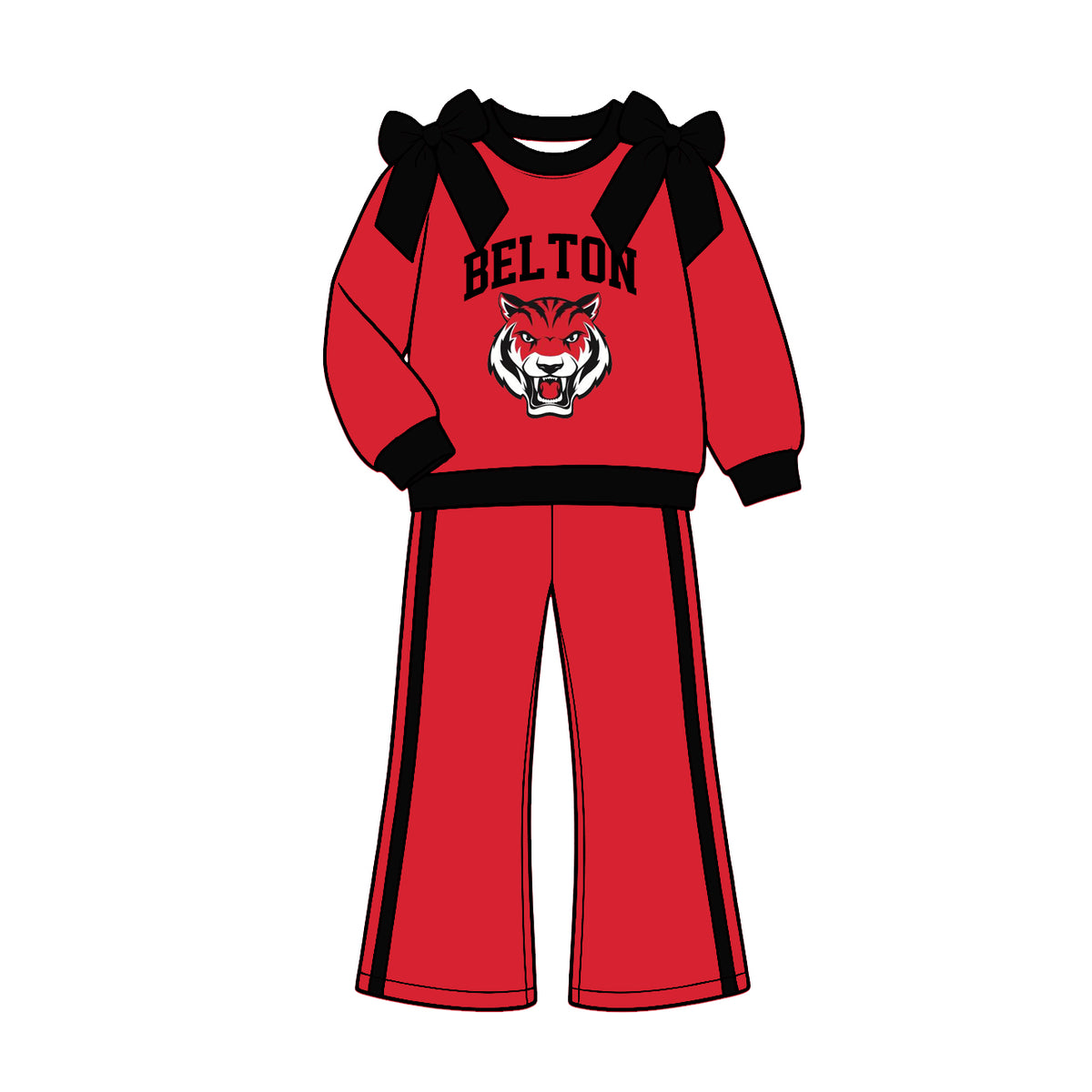 (Custom Design Preorder MOQ 5) Teams Belton Tigers Black Bows Top Red Pockets Pants Girls Clothes Set