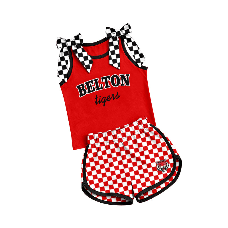 (Custom Design Preorder MOQ 5) Teams Belton Tigers Bows Vest Top Checkerd Shorts Mommy and Me Summer Yoga Clothes Set