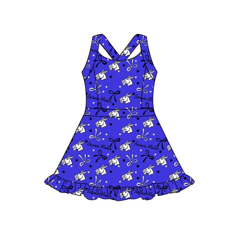 (Custom Design Preorder MOQ 5) Teams Bernie Mules Blue Bows Girls Summer Yoga Dress