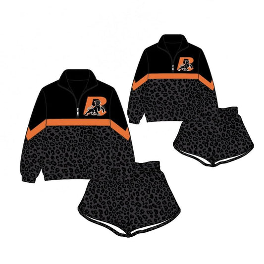 (Custom Design Preorder MOQ 5) Teams Binghamton Bearcats Long Sleeve Zipper Top Black Leopard Shorts Mommy and Me Outfits