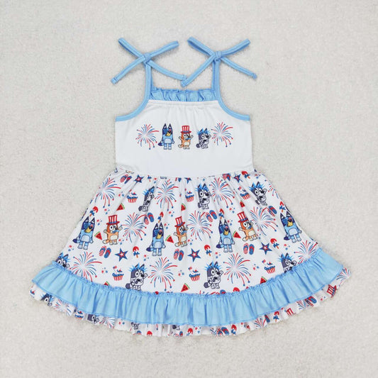 GSD1069 Cartoon Dog Fireworks Stars Baby Girls 4th of July Strap Ruffle Dress