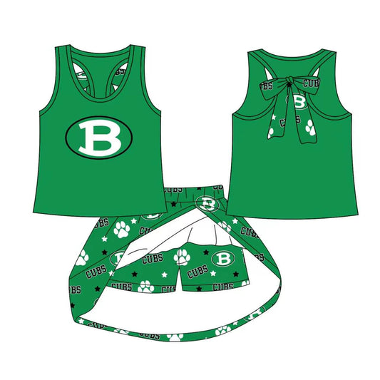 (Custom Design Preorder MOQ 5) Teams Brenham Cubs Green Tank Top Skort Girls Summer Yoga Clothes Set