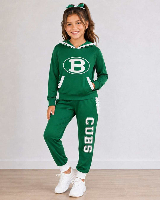 (Custom Design Preorder MOQ 5) Teams Brenham Cubs Green White Ruffles Hoodie Top Pockets Joggers Pants Girls Yoga Clothes Set