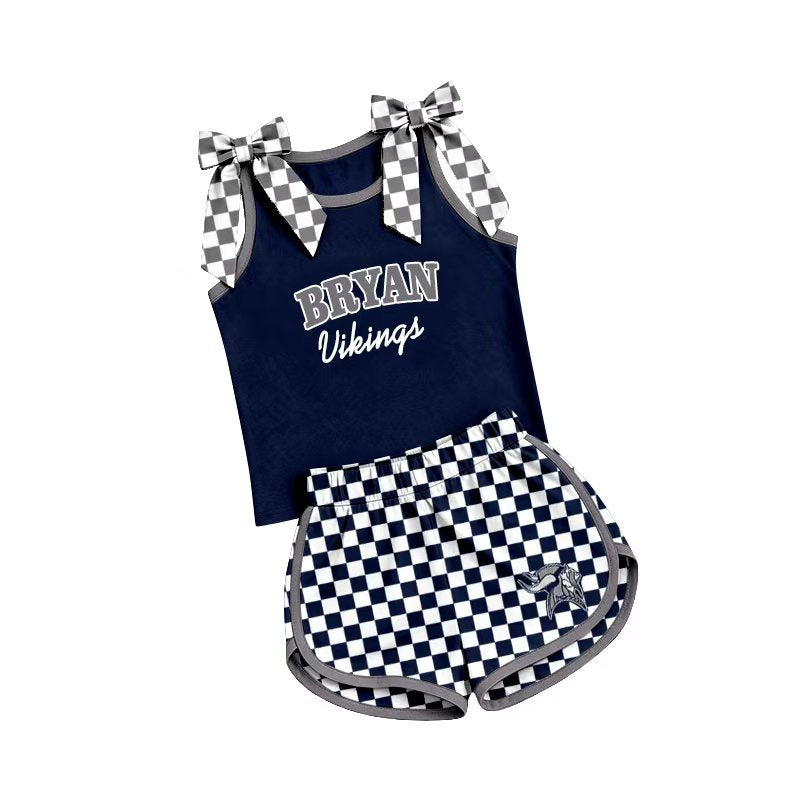 (Custom Design Preorder MOQ 5) Teams Bryan Vikings Bows Vest Top Checkerd Shorts Mommy and Me Summer Yoga Clothes Set