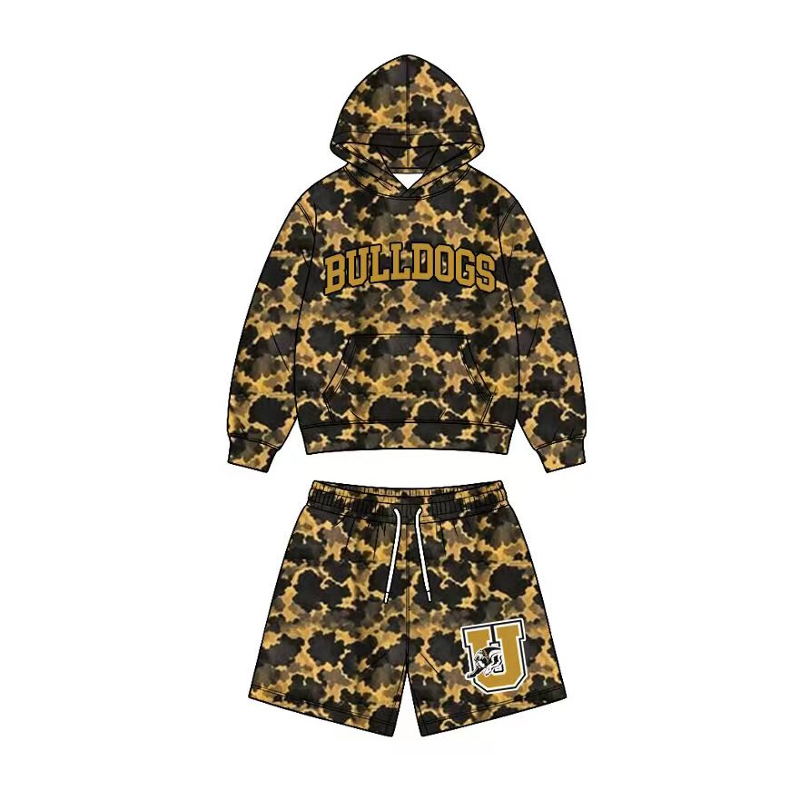 (Custom Design Preorder MOQ 5) Teams Bulldogs Gold Camo Hoodie Top Pockets Shorts Kids Clothes Set