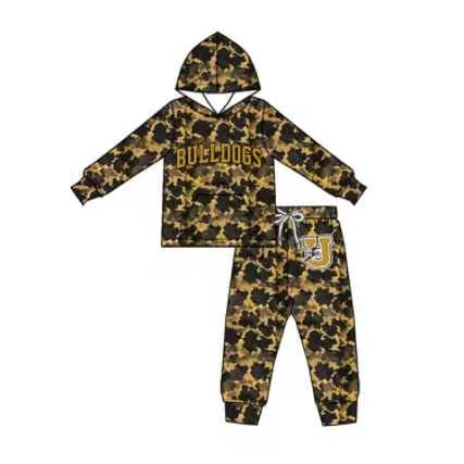 (Custom Design Preorder MOQ 5) Teams Bulldogs Gold Camo Hoodie Top Pockets Pants Kids Clothes Set