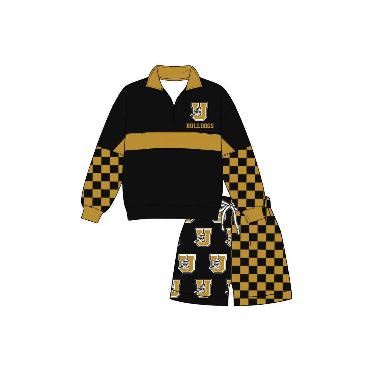 (Custom Design Preorder MOQ 5)  Teams BULLDOGS Print Kids & Adult Long Sleeve Zipper Top Pockets Shorts Clothes Set