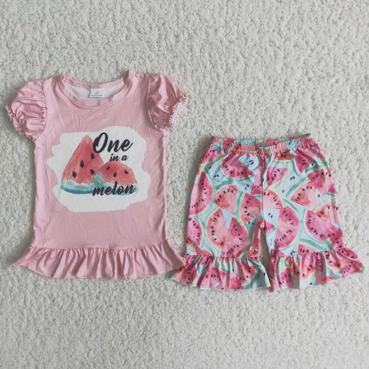(Promotion)Watermelon Pink Top Ruffles Shorts Girls Summer Outfits C1-23