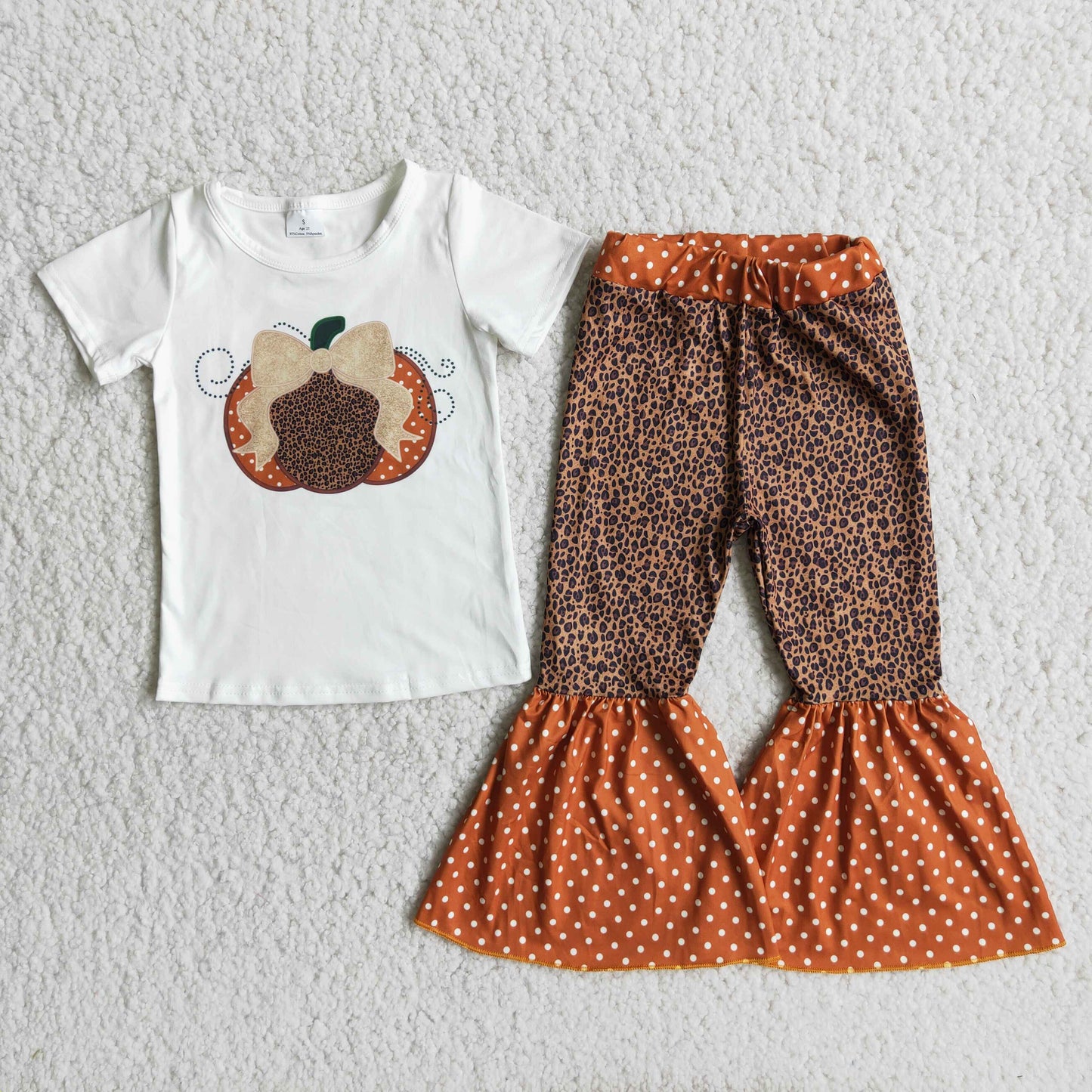 C10-14 Pumpkin Bow White Top Leopard Bell Pants Girls Clothes Set