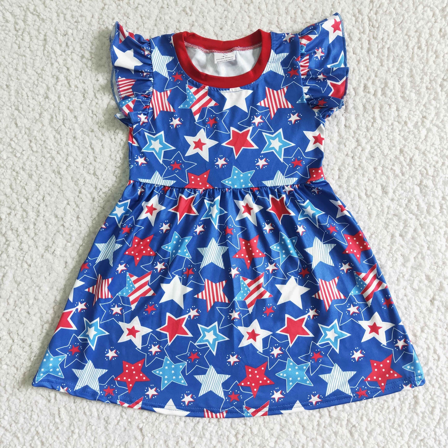 (Promotion)C11-9 Stars Print Girls 4th of July Flutter Sleeve Knee Length Dress