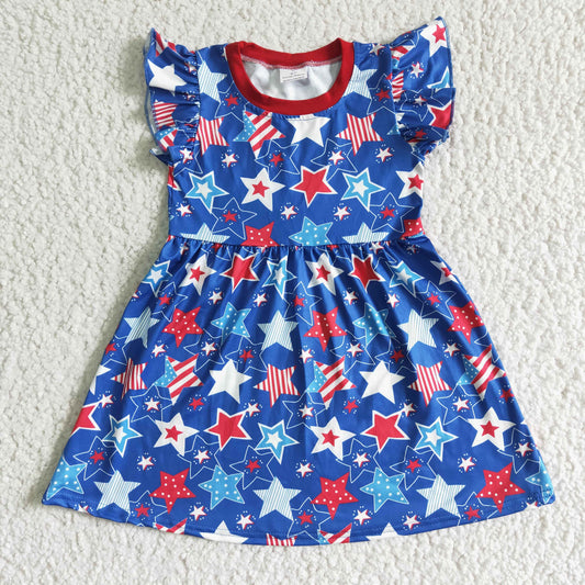 (Promotion)C11-9 Stars Print Girls 4th of July Flutter Sleeve Knee Length Dress