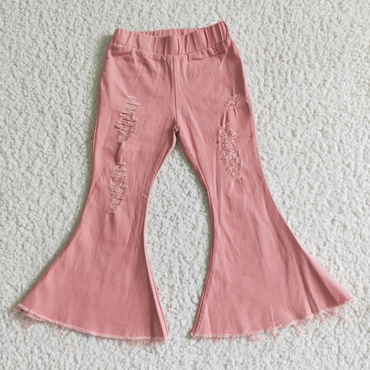 C13-1-2 Pink Denim Bell Bottoms Jeans Girls Pants