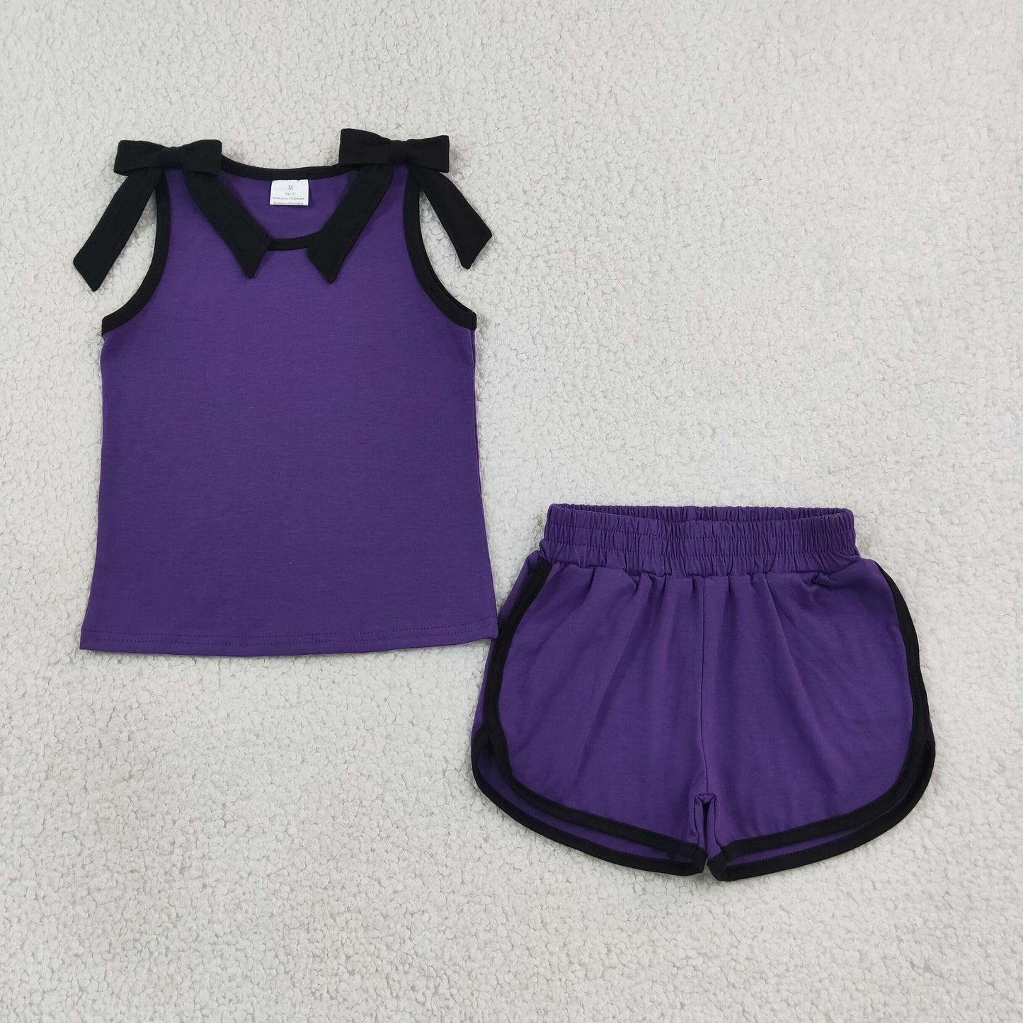 GSSO3815 Teams Black Bow Vest Top Purple Pockets Shorts Girls Cotton Summer Clothes Set