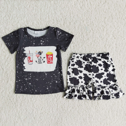 (Promotion)fried Short sleeve black top ruffles cow shorts girls summer outfits C16-7