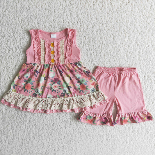 Sleeveless pink floral tunic top ruffles shorts girls summer outfits  C2-3