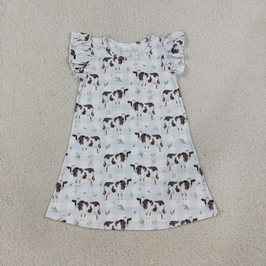 GSD3895 Cows Checkered Print Girls Flutter Sleeve Knee Length Summer Dress
