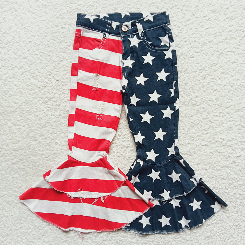 C3-14 Patriotic Star & Stripe Bell Bottom Denim Pants - Girls