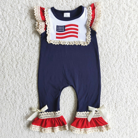C3-4 Flag Embroidery Navy Cotton Ruffles Baby Girls 4th of July Romper