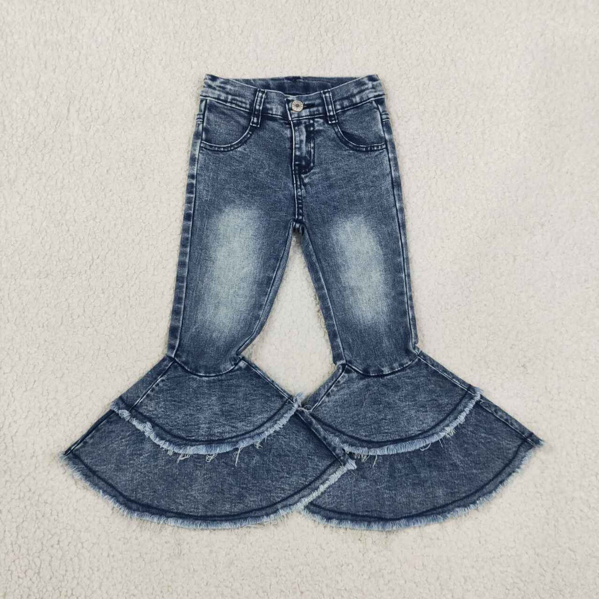 C5-15 Washed Blue Color Denim Girls Bell Bottom Ruffle Jeans