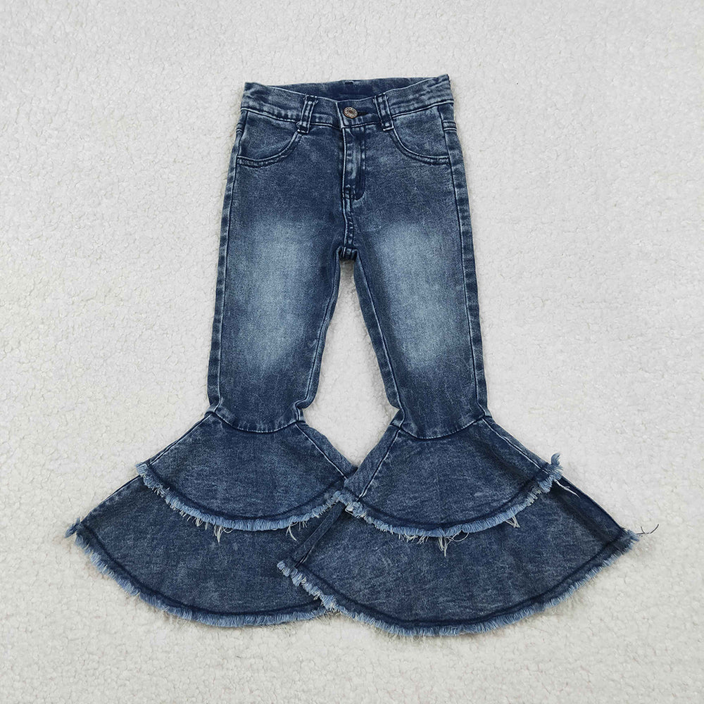 C5-15 Washed Blue Color Denim Girls Bell Bottom Ruffle Jeans