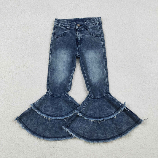 C5-15 Washed Blue Color Denim Girls Bell Bottom Ruffle Jeans