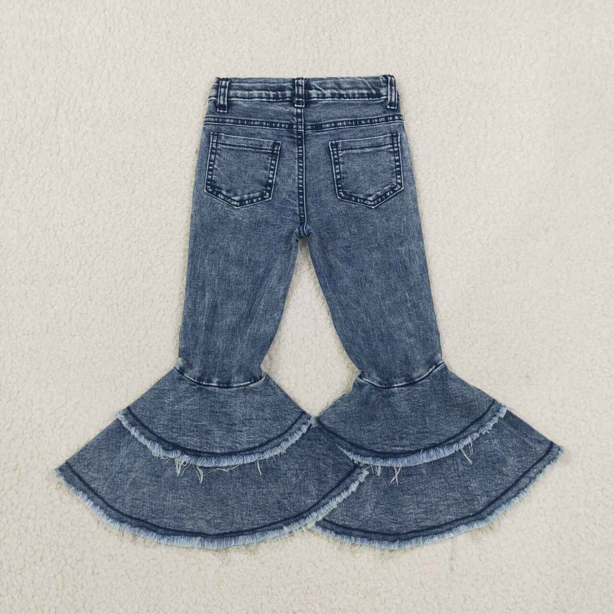 C5-15 Washed Blue Color Denim Girls Bell Bottom Ruffle Jeans