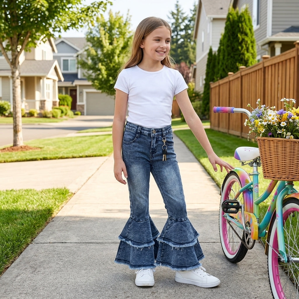 C5-15 Washed Blue Color Denim Girls Bell Bottom Ruffle Jeans