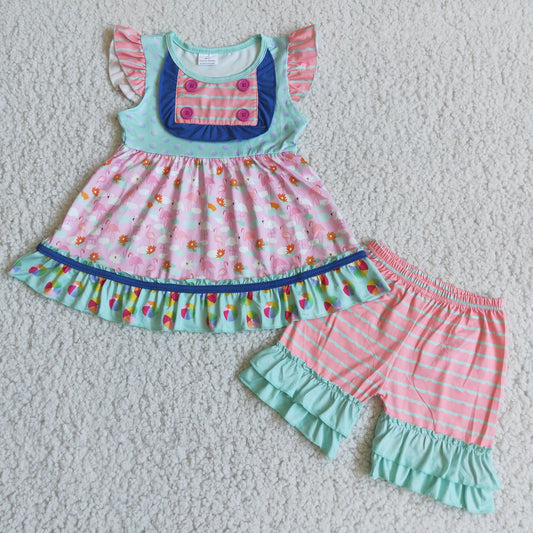(Promotion)Flamingo Tunic Top Ruffles Shorts Girls summer outfits C7-22