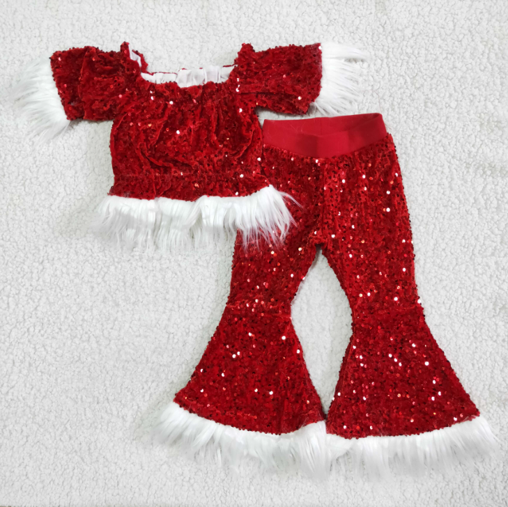 C7-23 Red Sequin Fur Crop Top Bell Pants Girls Christmas Clothes Set