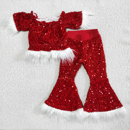 C7-23 Red Sequin Fur Crop Top Bell Pants Girls Christmas Clothes Set