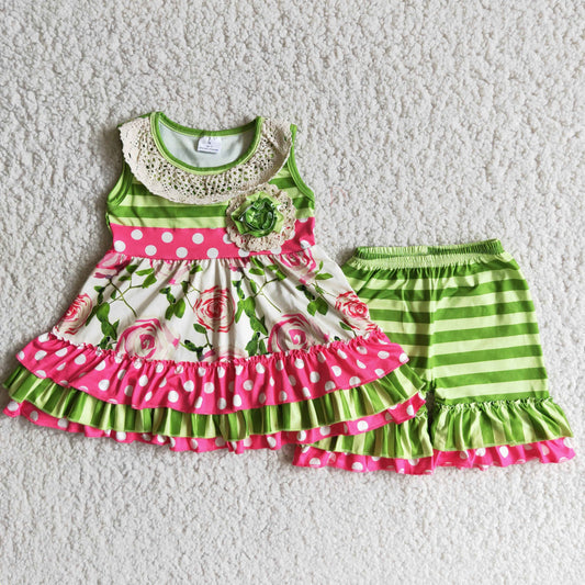 flowers tunic top ruffles shorts Girls summer outfits   C9-23