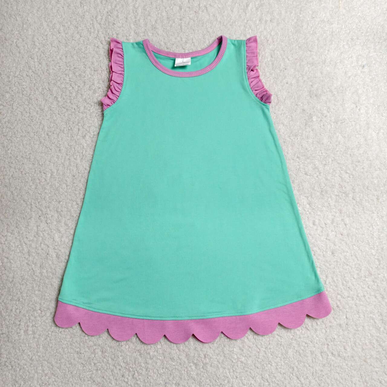 GSD4049 Green Cotton Scalloped Edge Ruffle Girls Knee Length Dress