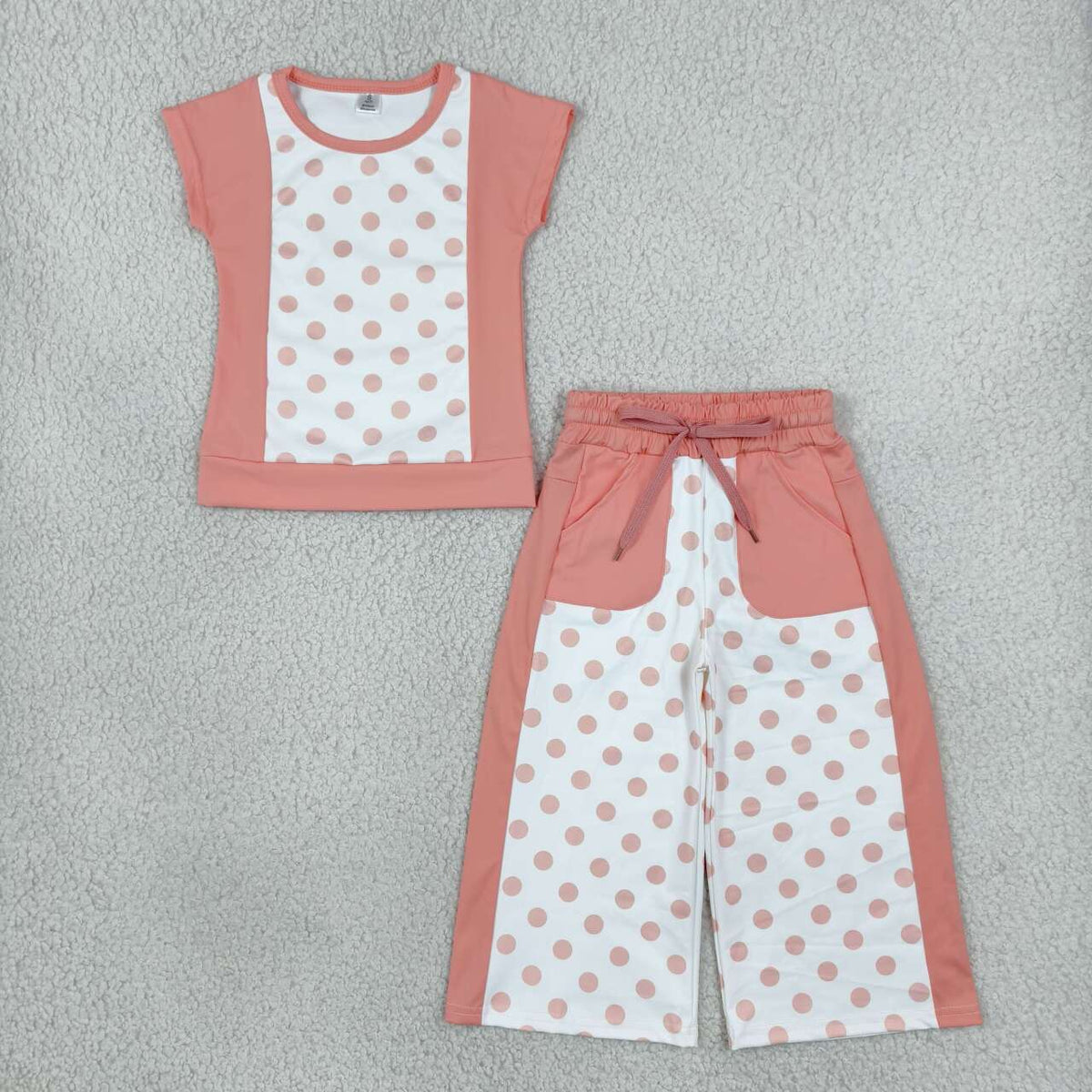 GSPO2333 Girls Pink Color Block Polka Dot Short Sleeve Top & Wide Leg Pants Outfit