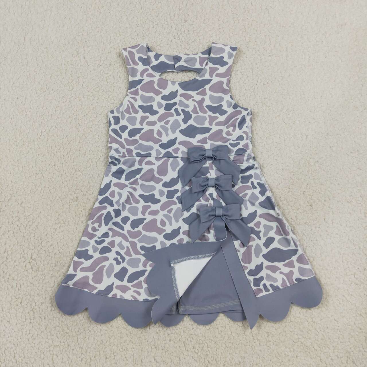 GSD4226 Grey Camo Print Girls Summer Scallop Knee Length Yoga Dress