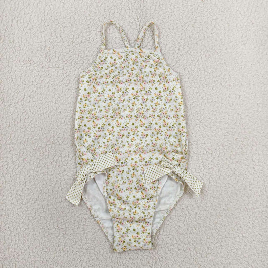 S0723  Small Floral Print Baby Girls 1 Piece Swimsuit With Ruffle