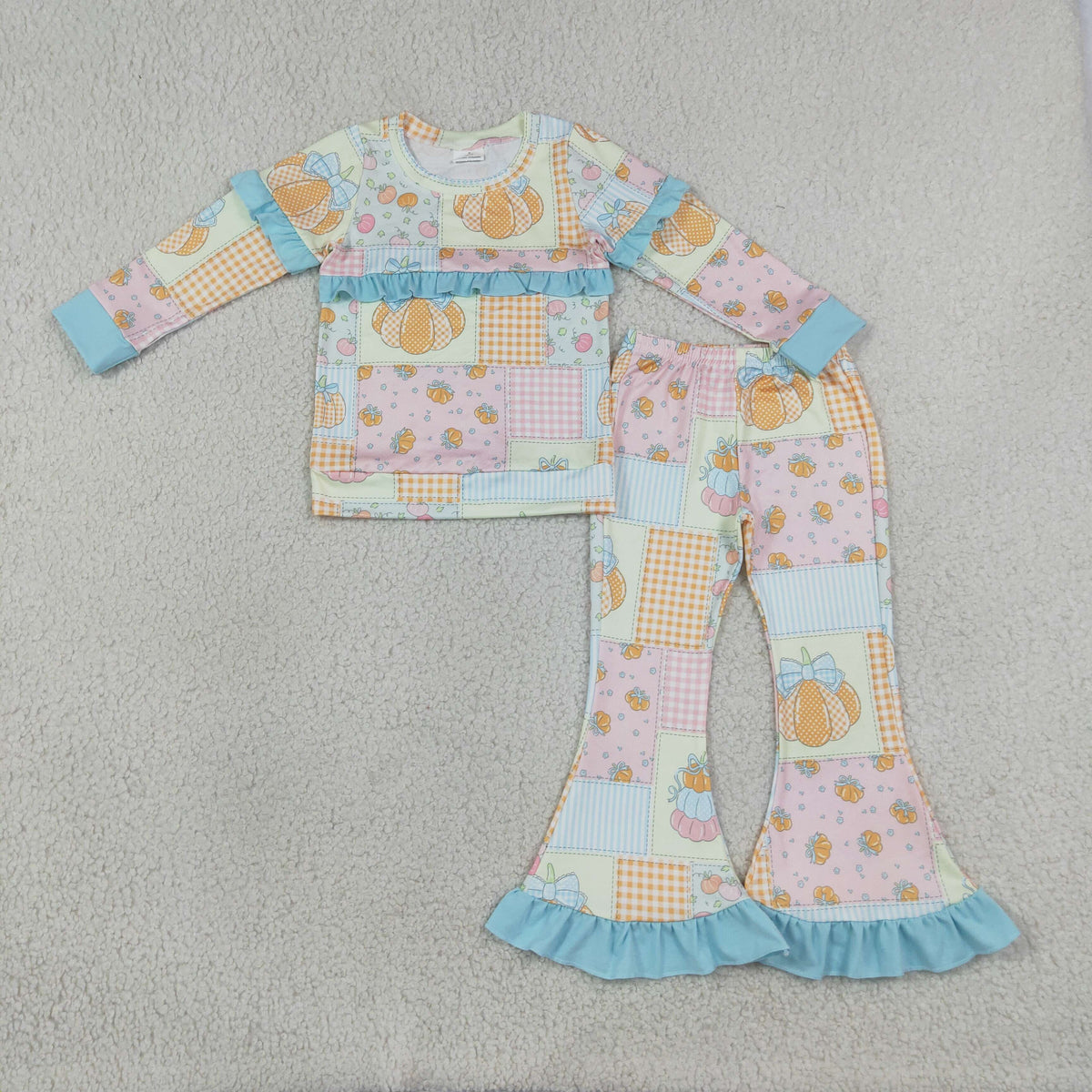 GLP3503 Pumpkin Bows Checkered Print Ruffle Top Bell Pants Girls Fall Clothes Set