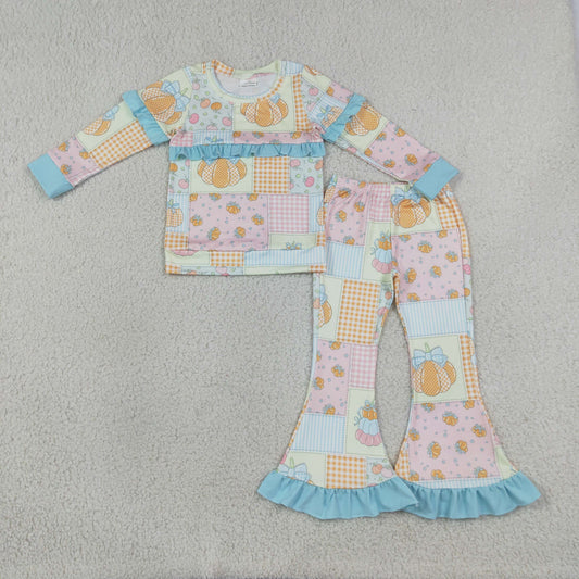 GLP3503 Pumpkin Bows Checkered Print Ruffle Top Bell Pants Girls Fall Clothes Set