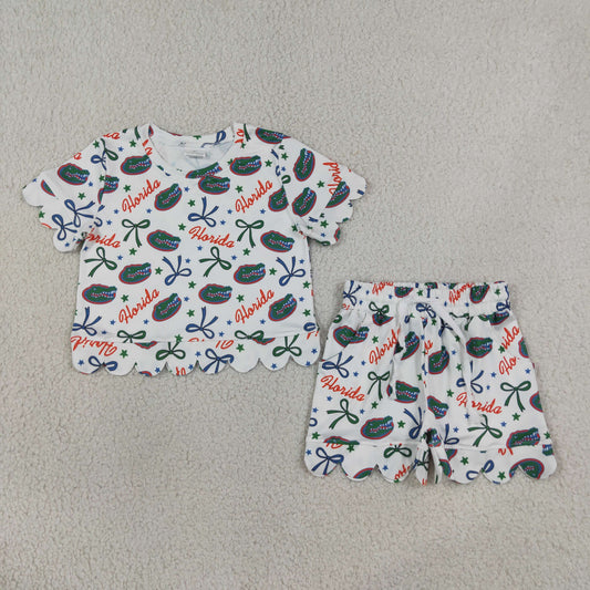 GSSO3249 Teams Florida Star Bows Print Baby Girls Summer Scallop Clothes Set