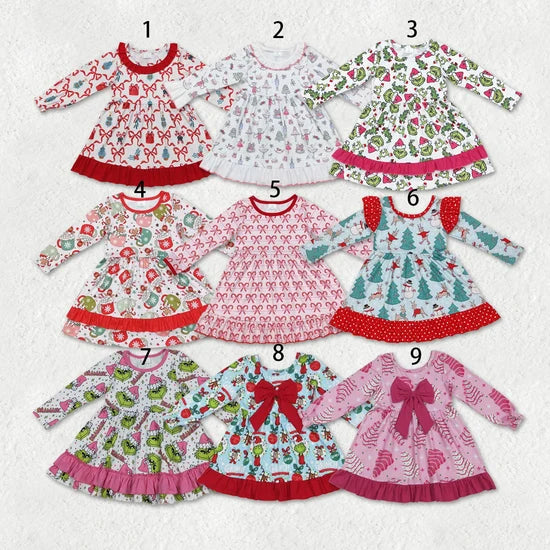 Sibling Baby Girls Christmas Cartoon Bow Long Sleeve Dress