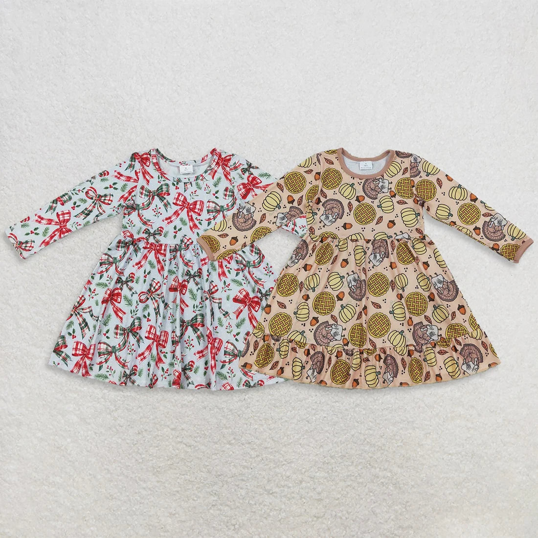 Sibling Baby Girls  Christmas Bow Pumpkin Long Sleeve Dress