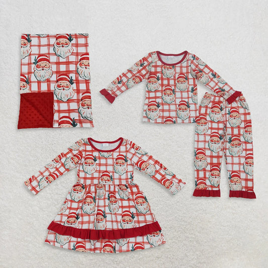 Sibling Baby Girls Christmas Santa Plaid Long Sleeve Pajama Set Dress Blanket