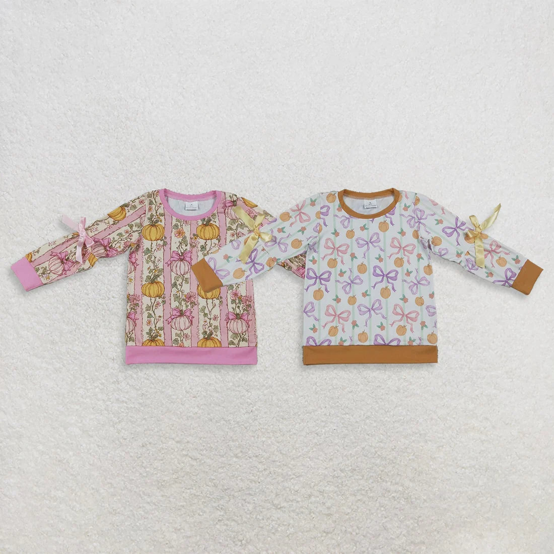 Sibling Baby Girls Flower Pumpkin Long Sleeve Fall T-shirt Top with Bow