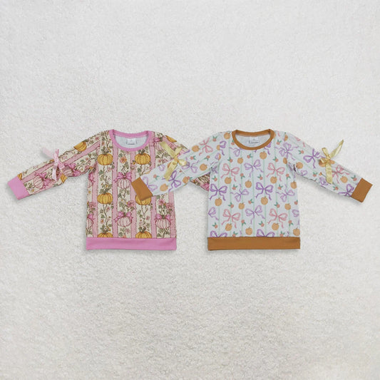 Sibling Baby Girls Flower Pumpkin Long Sleeve Fall T-shirt Top with Bow