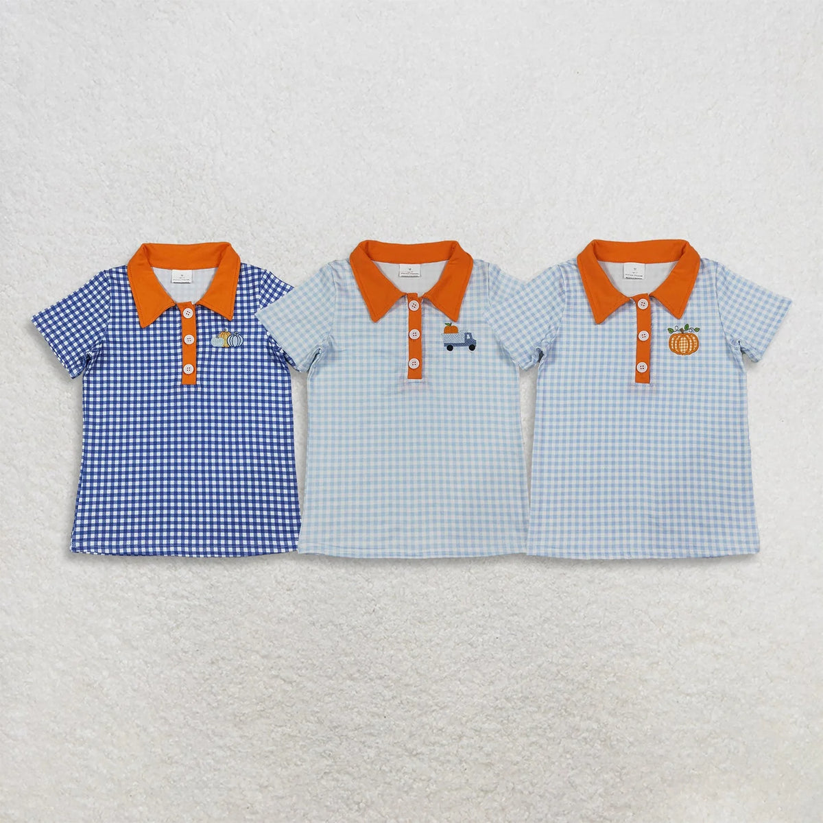 Sibling Baby Boys Embroidery Pumpkin Truck Blue Gingham Short Sleeve Polo Shirt Top