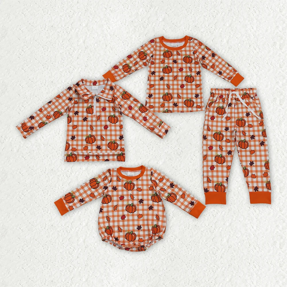 Sibling Baby Boys  Fall Pumpkin Orange Checked Outfit and Romper