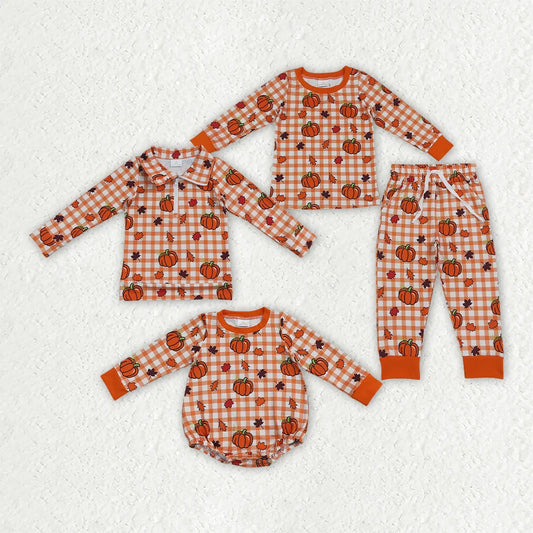 Sibling Baby Boys  Fall Pumpkin Orange Checked Outfit and Romper